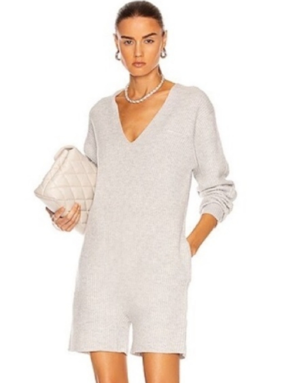 Helmut Lang Cozy V-Neck Knit Romper in Light Grey Wool Cashmere Athleasure Sz M